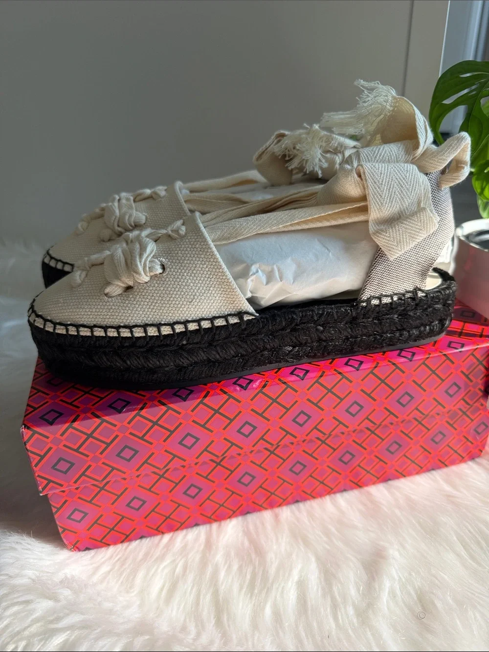 Tory Burch Black/Natural Ankle Wrap Woven Double T Espadrille